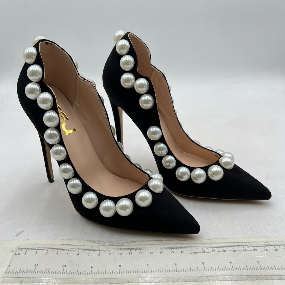 FSJ Black-pearl Pointed Toe High Heels Sexy Stiletto Pumps Office Lady Shoes - Picture 4 of 8